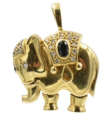 Lot 223 - An 18ct yellow gold, diamond and sapphire Indian elephant pendant