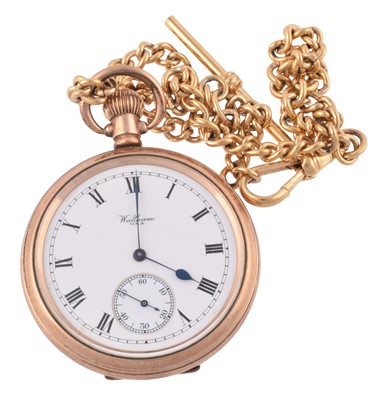 Lot 275 - A Gold Plated Open Faced Pocket Watch by Waltham U.S.A. on a Gold Plated Single Albert Chain