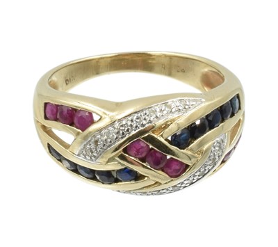 Lot 208 - A 9ct gold sapphire, ruby and diamond crossover ring