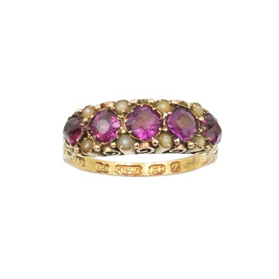 Lot 71 - A Victorian garnet and seed pearl boat ring, set in 15ct gold