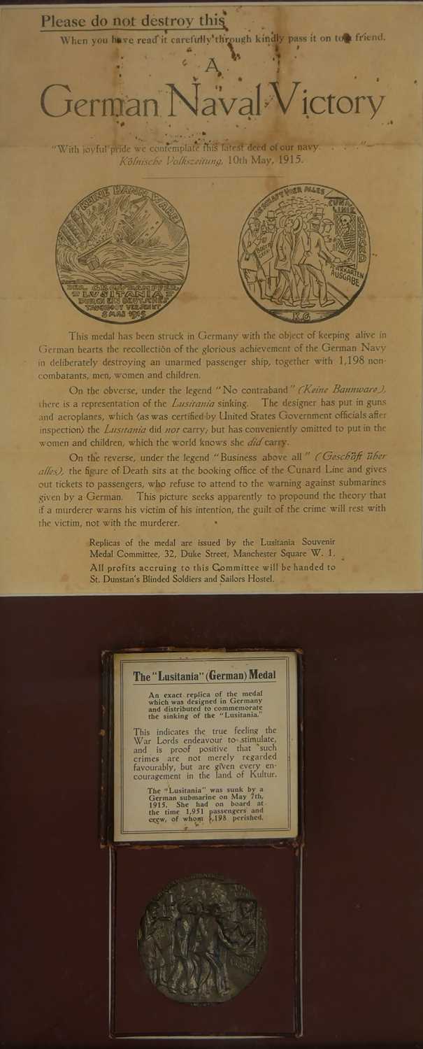 Lot 30 - Framed Lusitania medal, a British copy of the...