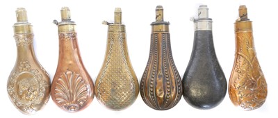 Lot 183 - Six copper and brass powder flasks, three by...