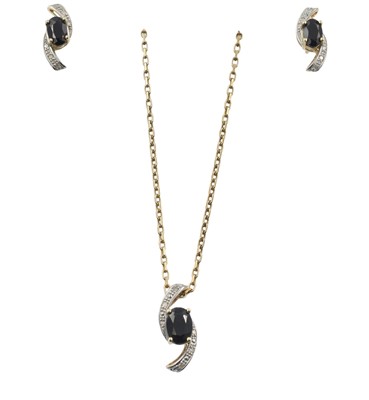 Lot 359 - A sapphire and diamond "swirl" pendant and earring set, in 9ct gold