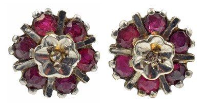 Lot 146 - Diamond and ruby cluster stud earrings, set in 9ct gold