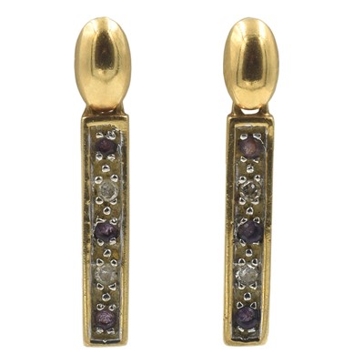 Lot 348 - Diamond and amethyst rectangular drop earrings, set in 9ct gold