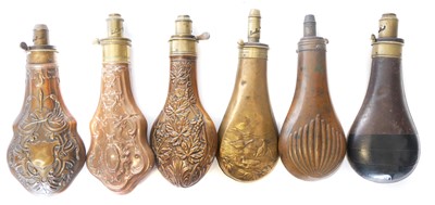 Lot 184 - Six copper and brass powder flasks, four by...