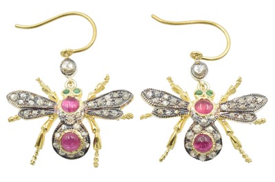 Lot 56 - A Pair of ruby, emerald and diamond insect Earrings