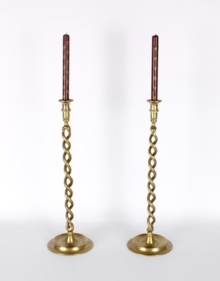 Lot 203 - A Tall Pair of Victorian Brass Barleytwist Candlesticks