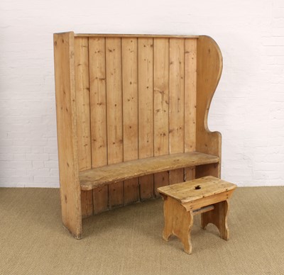 Lot 257 - A 19th Century Country Pine High-Backed Settle and 'Creepie' Stool