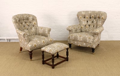 Lot 261 - An Attractive Near Pair of Victorian Armchairs and a Footstool in William Morris "Snakeshead" Upholstery