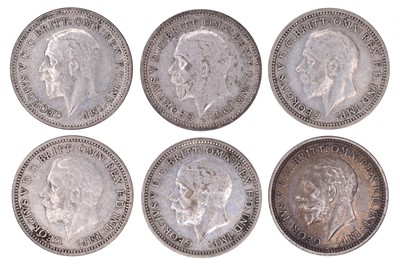 Lot 56 - Six George V debased silver oak sprig Threepences (6).