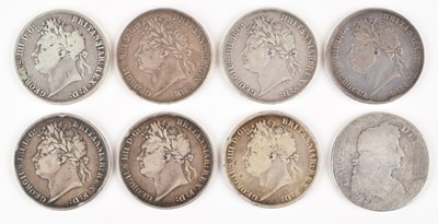 Lot 36 - Seven George IV silver Crowns and a Charles II Crown (8)