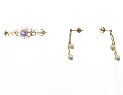 Lot 360 - A pair of 9ct gold and pearl earrings and a brooch