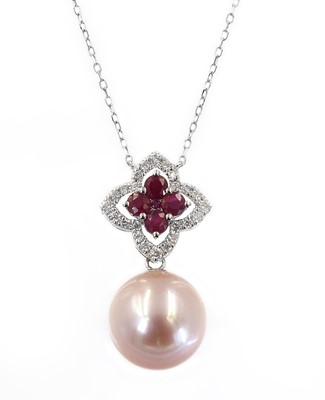 Lot 311 - An 18ct white gold Ruby, Diamond and Pearl Pendant necklace