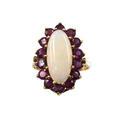 Lot 115 - A vintage 9ct gold, opal and ruby cluster ring