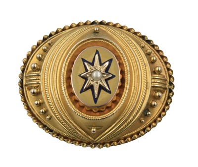 Lot 312 - A Victorian Etruscan Revival mourning brooch, set in 9ct gold