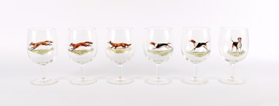 Lot 132 - A Set of Six Large Wine Goblets with Hand-Painted Hunting Themed Decoration
