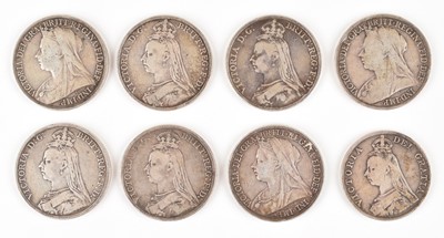 Lot 37 - Seven Queen Victoria silver Crowns and a Queen Victoria silver Double-florin (8)