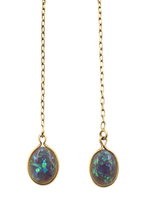 Lot 248 - A pair of black opal drop earrings, set in 14ct gold