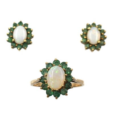 Lot 59 - An opal and emerald earring/ ring cluster set, set in 9ct gold
