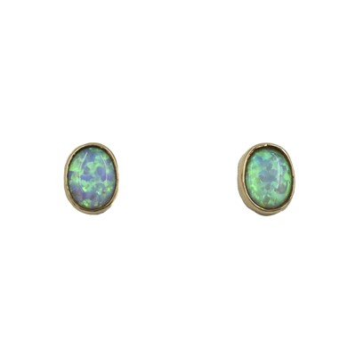 Lot 140 - A pair of synthetic opal earrings, set in 9ct gold