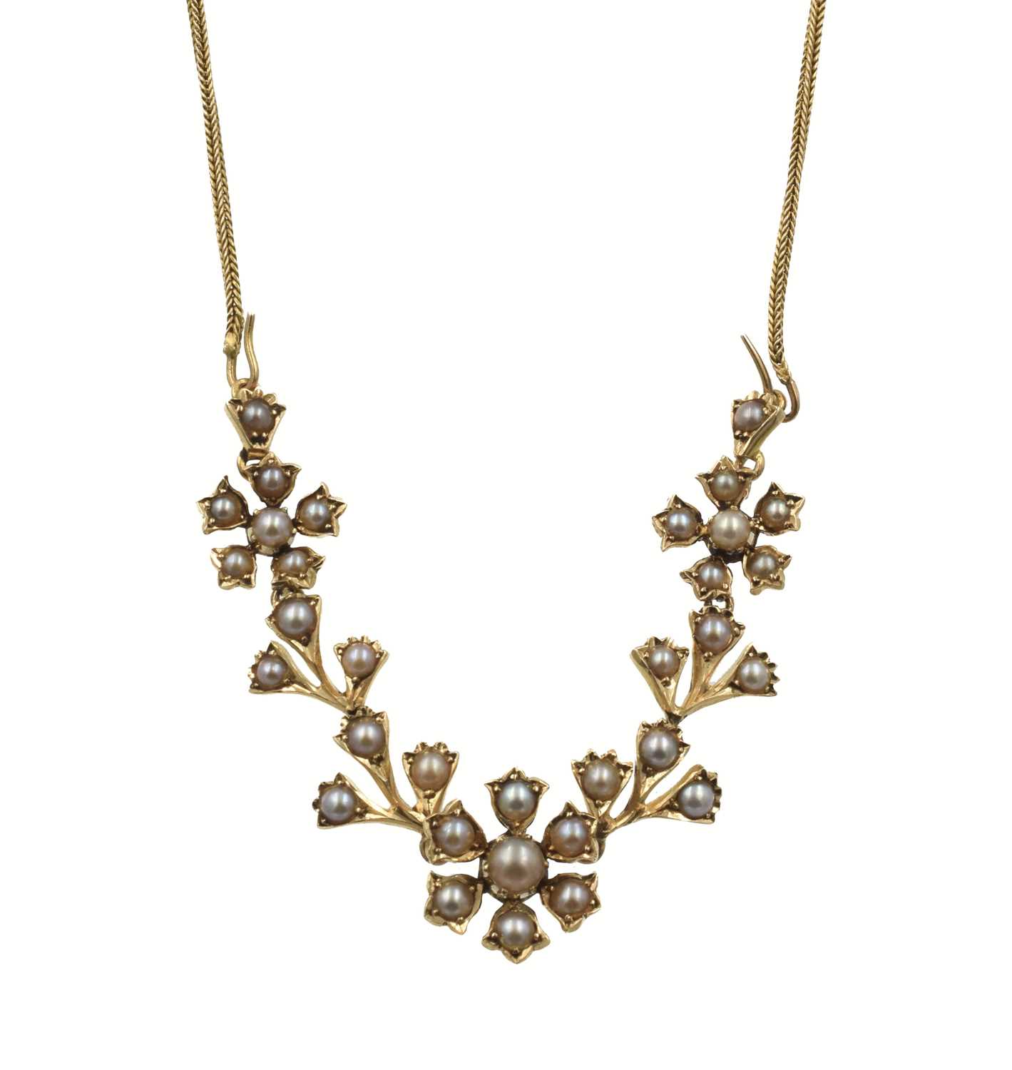 Lot 36 - A yellow metal seed pearl floral necklace