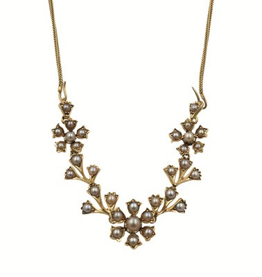 Lot 36 - A yellow metal seed pearl floral necklace
