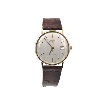 Lot 143 - A 9ct gold gents' rotary watch, with a brown leather strap