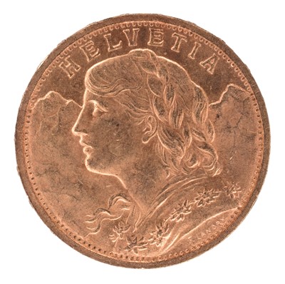 Lot 93 - Switzerland, Helvetia, 20 Francs, 1898 B, gold coin.