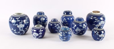 Lot 108 - A Collection of Nine Chinese Blue and White 'Prunus' Ginger Jars