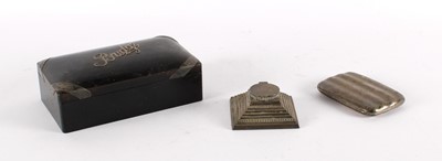 Lot 15 - A Victorian Silver Cigar Case, an Edwardian Silver Inkwell and a Silver Mounted Ebonised 'Bridge' Box