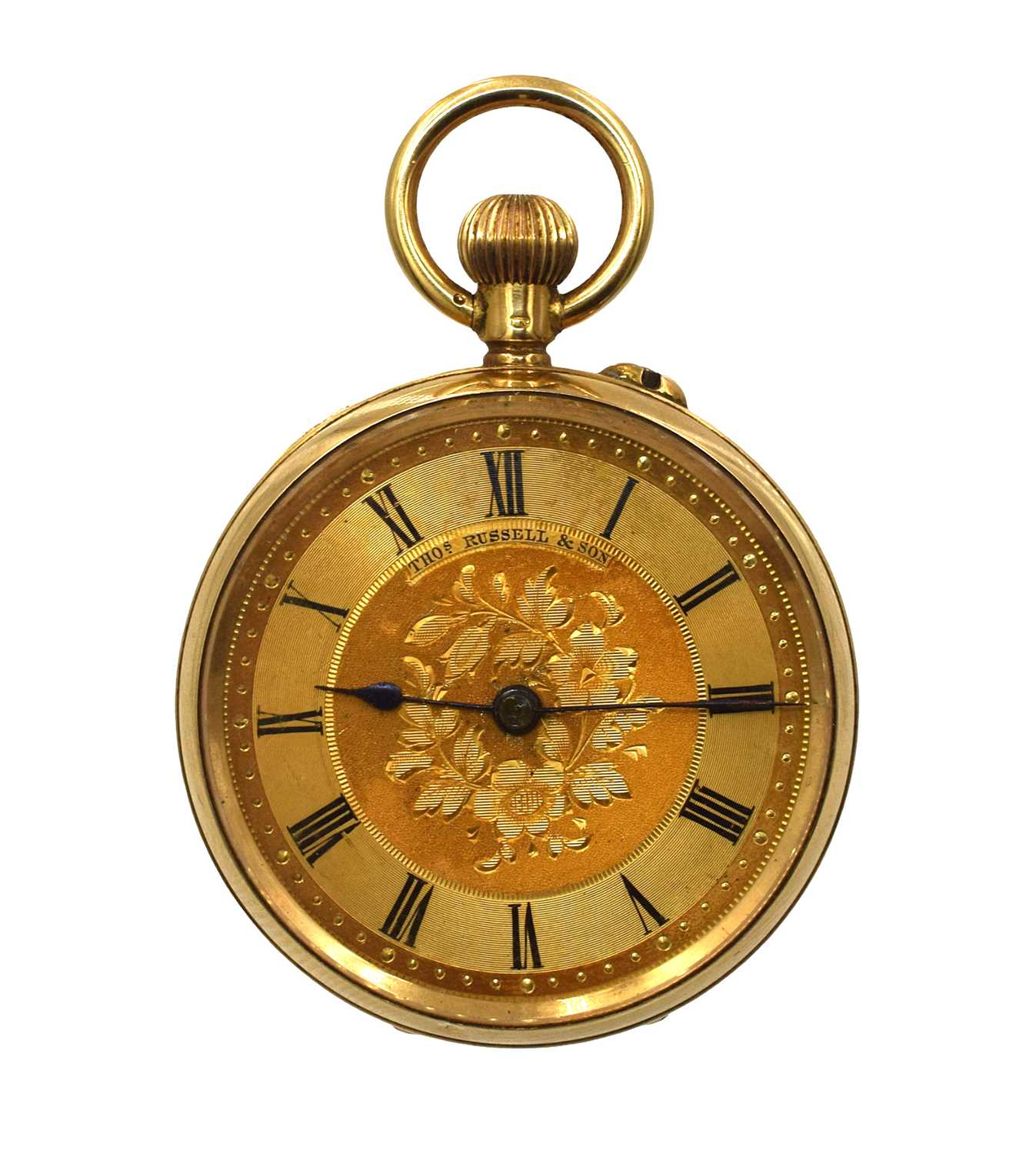 Lot An 18ct gold Thomas Russell & Son open-faced fob watch