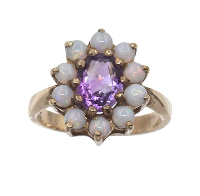 Lot A 9ct yellow gold amethyst and opal cluster ring