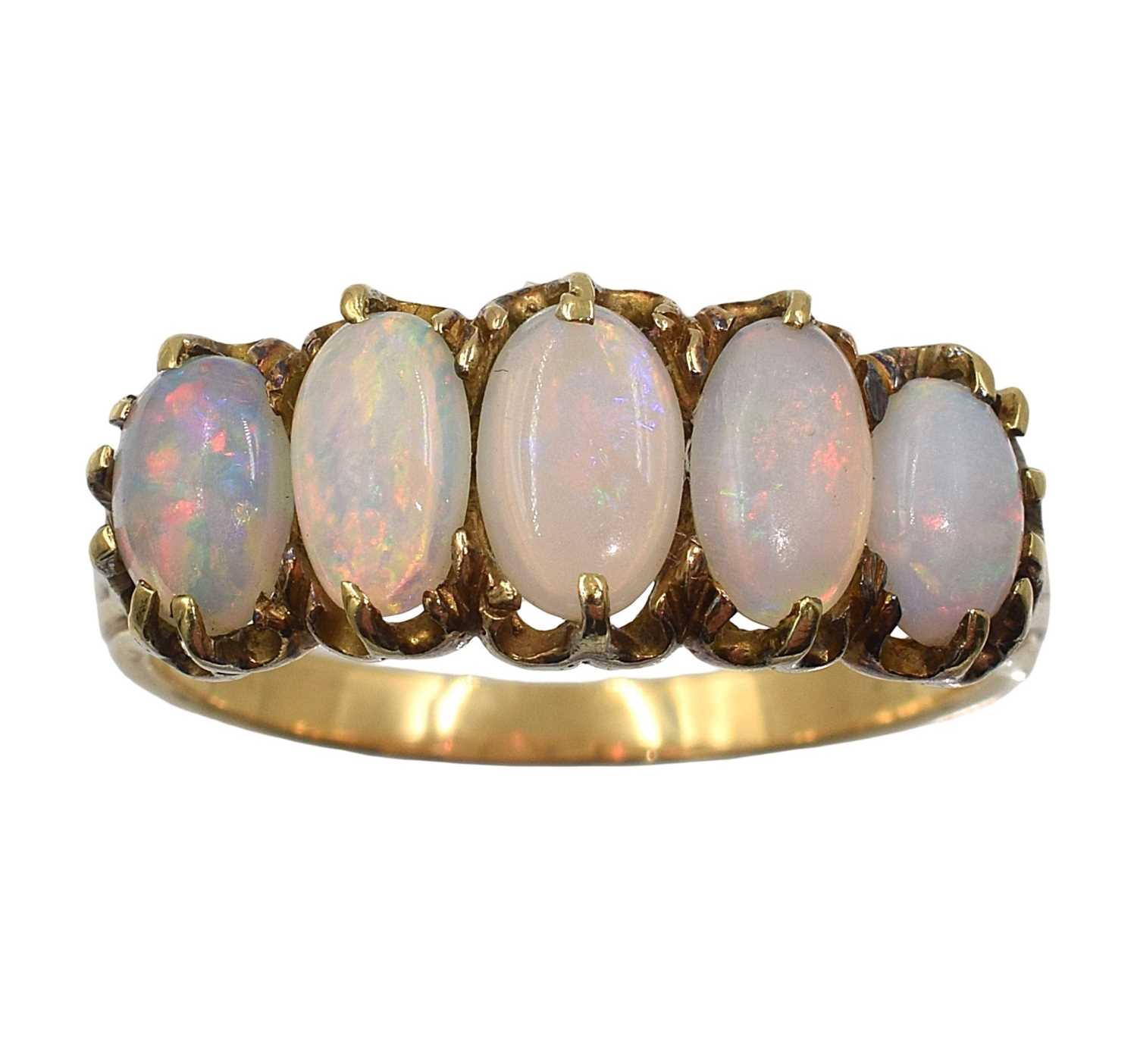 Lot 27 - A yellow gold five-stone opal boat ring