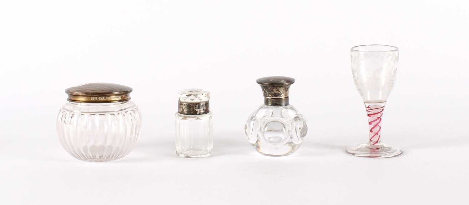 Lot 55 - Two Victorian and Later Silver Mounted Clear Glass Vanity Jars and an Inkwell
