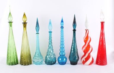Lot 16 - Group of Six Vintage Empoli Glass Oversized “Genie” Art Glass Decanters