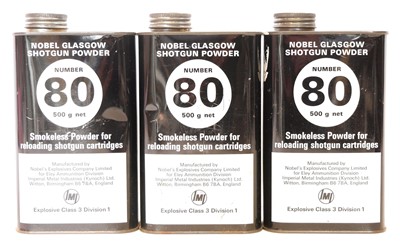 Lot 895 - Nobel 80 shotgun powder, three tins. UK...