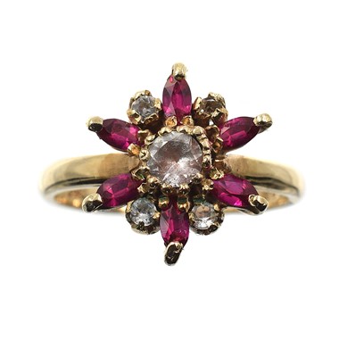 Lot A 9ct gold, ruby and white sapphire cluster ring