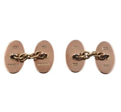 Lot 9ct yellow gold, oval bordered cufflinks