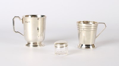 Lot 4 - Two George VI Silver Christening Mugs and a small Chester Silver Topped Vanity Jar