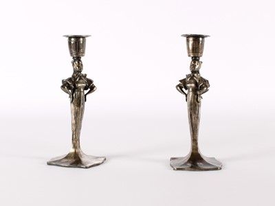 Lot Pair of Art Nouveau or Jugendstil Silver Plated Figural Candlesticks