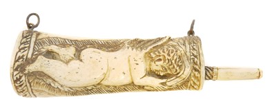 Lot 690 - Bone powder flask carved with a cherub holding...