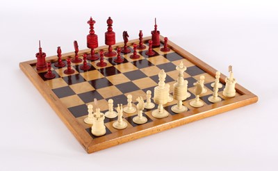 Lot A Late 19th/Early 20th Century Carved and Stained Bone Chess Set