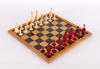 Lot A Late 19th/Early 20th Century Carved and Stained Bone Chess Set