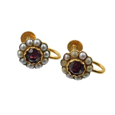 Lot A pair of vintage 9ct garnet and seed pearl cluster earrings