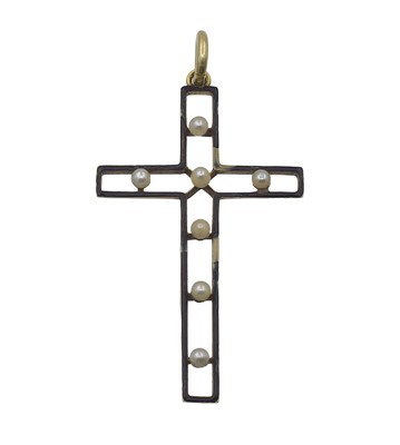 Lot A yellow gold and seed pearl cross pendant