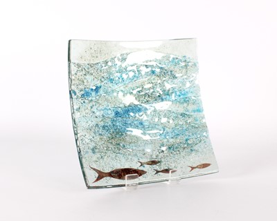 Lot Large 'Fish and Waves' Fused Glass Panel