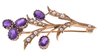 Lot 262 - A 9ct yellow gold amethyst and seed pearl brooch