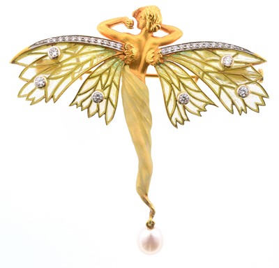 Lot 83 - A Masriera enamel, pearl and diamond brooch/pendant