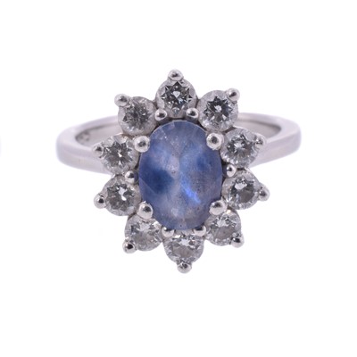 Lot 184 - A white metal diamond and sapphire cluster ring